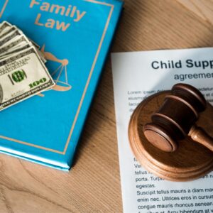 money, a gavel, a family law book, and a child support paper on a table